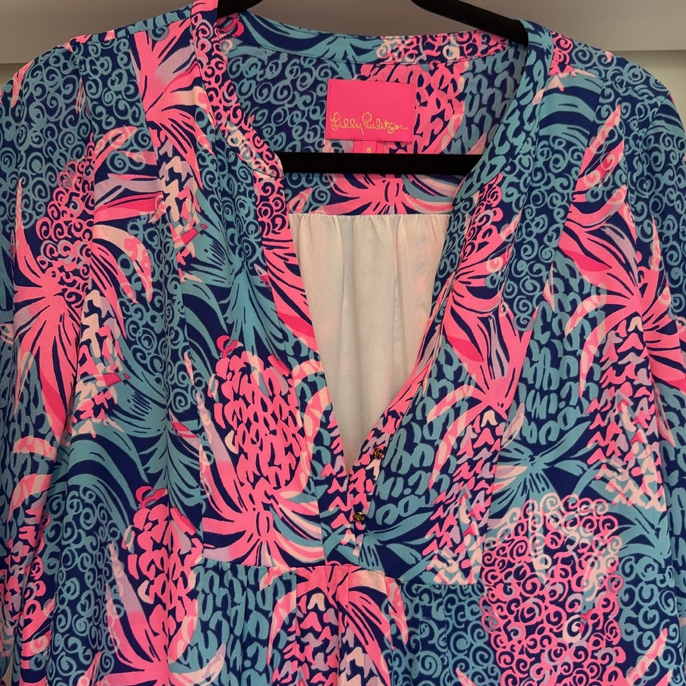 Lilly Pulitzer Women's Sz 8 Blue Pink Abstract Floral Print Tiered Midi Dress - Picture 3 of 5
